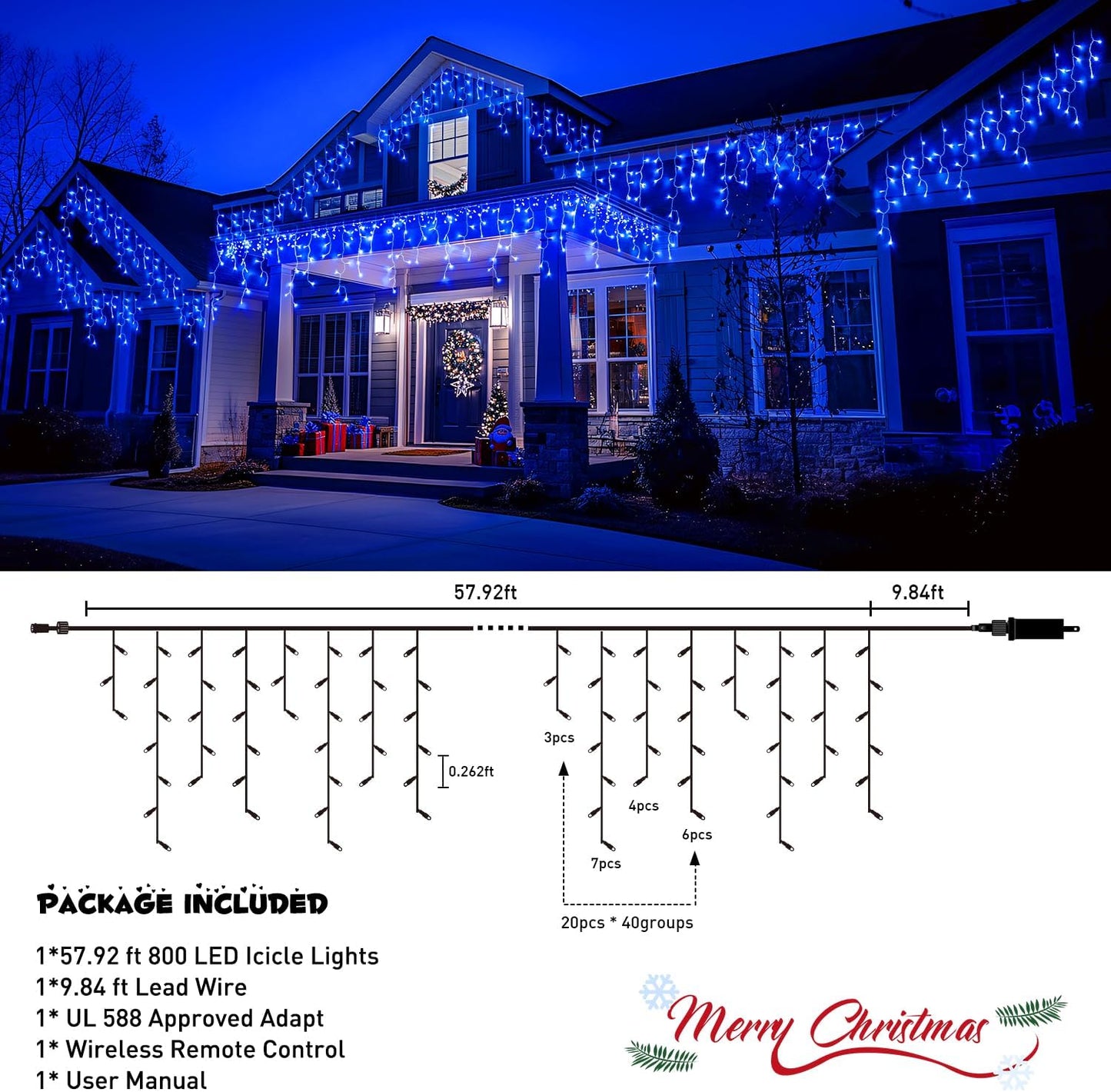 JMEXSUSS 800 LED Blue Icicle Christmas Lights Outdoor, Icicle Lights for Outside with 160 Drops, Blue Christmas String Lights Indoor Outdoor for Party Holiday Christmas Decoration
