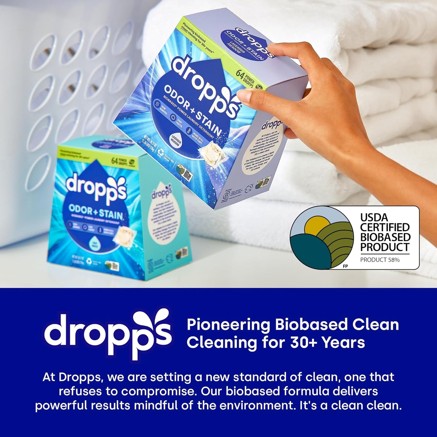 Dropps Odor & Stain Biobased Power Laundry Detergent Pods, Crisp Breeze (64 Pods) - HE Compatible Laundry Pods for Fresh Clothes - Laundry Soap Supplies & Recyclable Paperboard Packaging