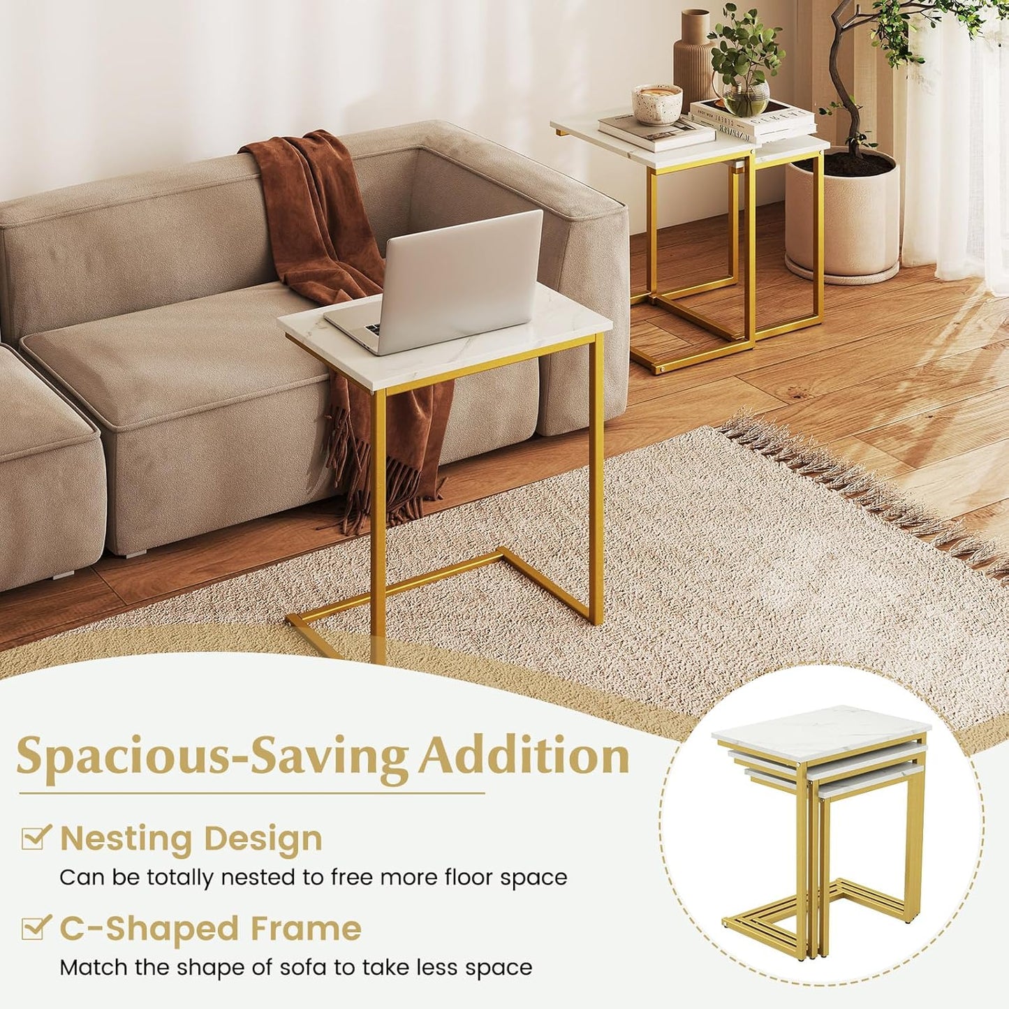 Giantex Nesting Coffee Table Set of 3, Stackable Square End Table w/Faux Marble Tabletop & Heavy-Duty Metal Frame, Farmhouse C-Shaped Accent Table for Small Space, Living Room, Bedroom (White Gold)