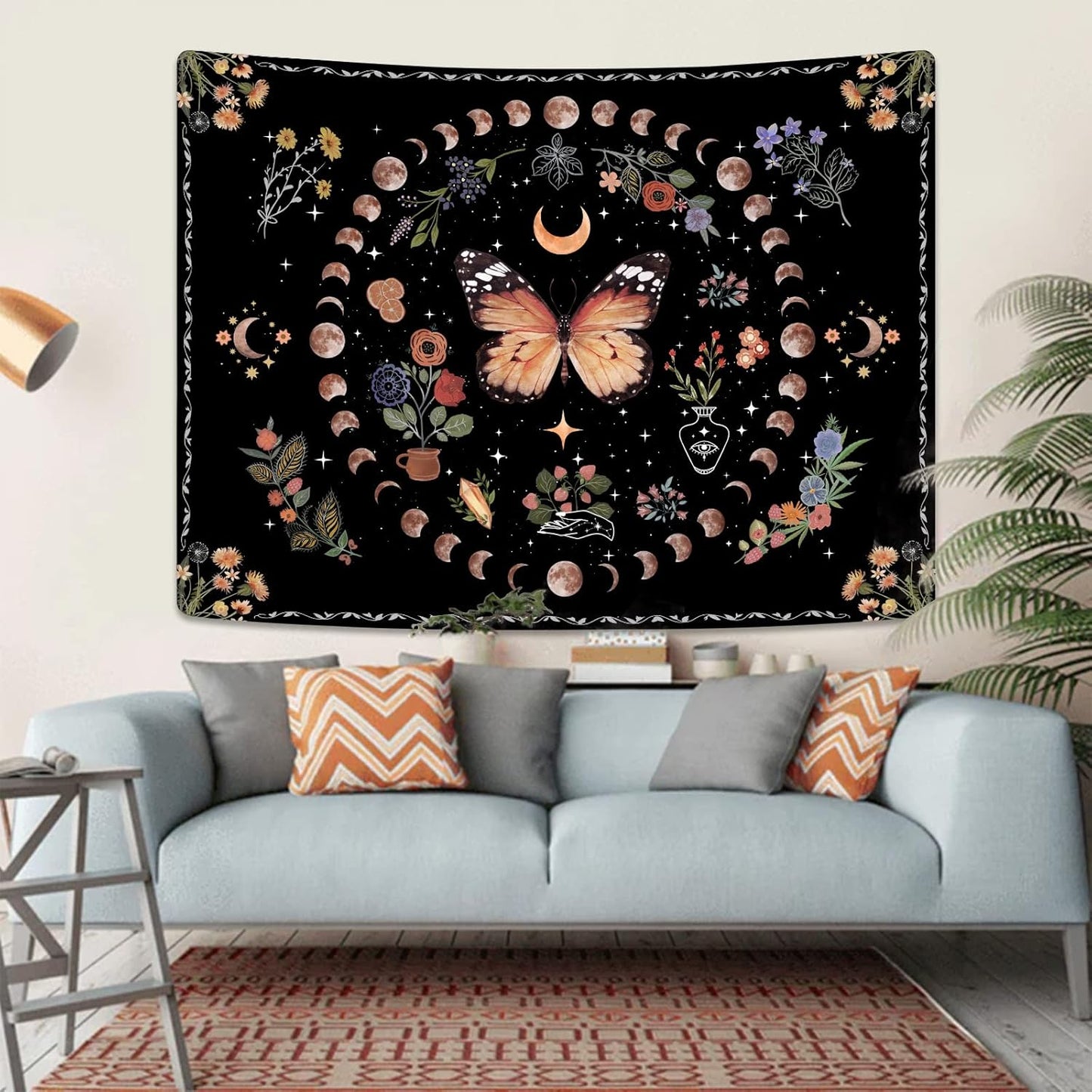 Fowocu Orange Butterfly Moon Flower Tapestry Boho Floral Plant Tapestries for Bedroom Aesthetic Tapastry's Wall Hanging Mandala Botanical Wall Tapestry for Living Room Dorm (Yellow, 48'' × 36'')