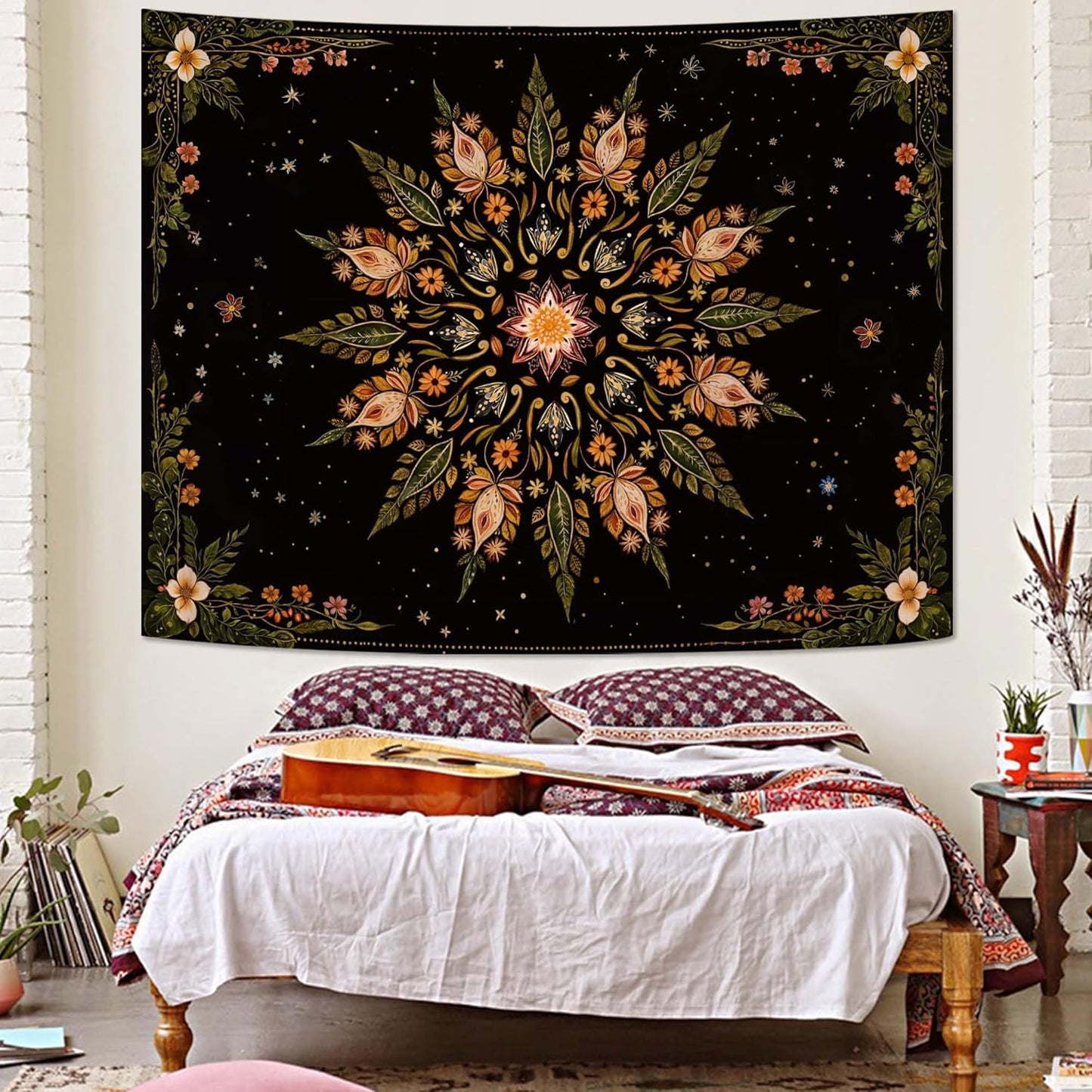 Fowocu Boho Floral Mandala Tapestry for Bedroom Aesthetic Vintage Bohemian Flower Wall Tapestry Black Green Hippie Indian Small Tapestries Wall Hanging for Living Room Dorm Decor 40 x 30 Inch