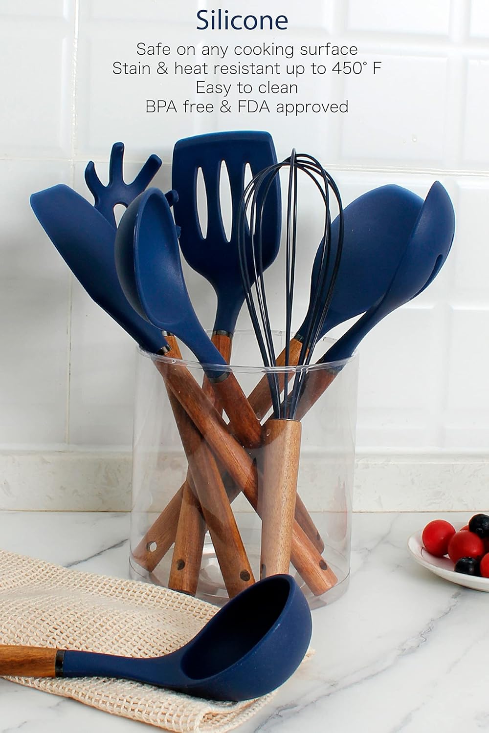 Country Kitchen Non Stick Silicone Utensil Set with Rounded Wood Handles for Cooking and Baking, 8 Piece Set, Navy