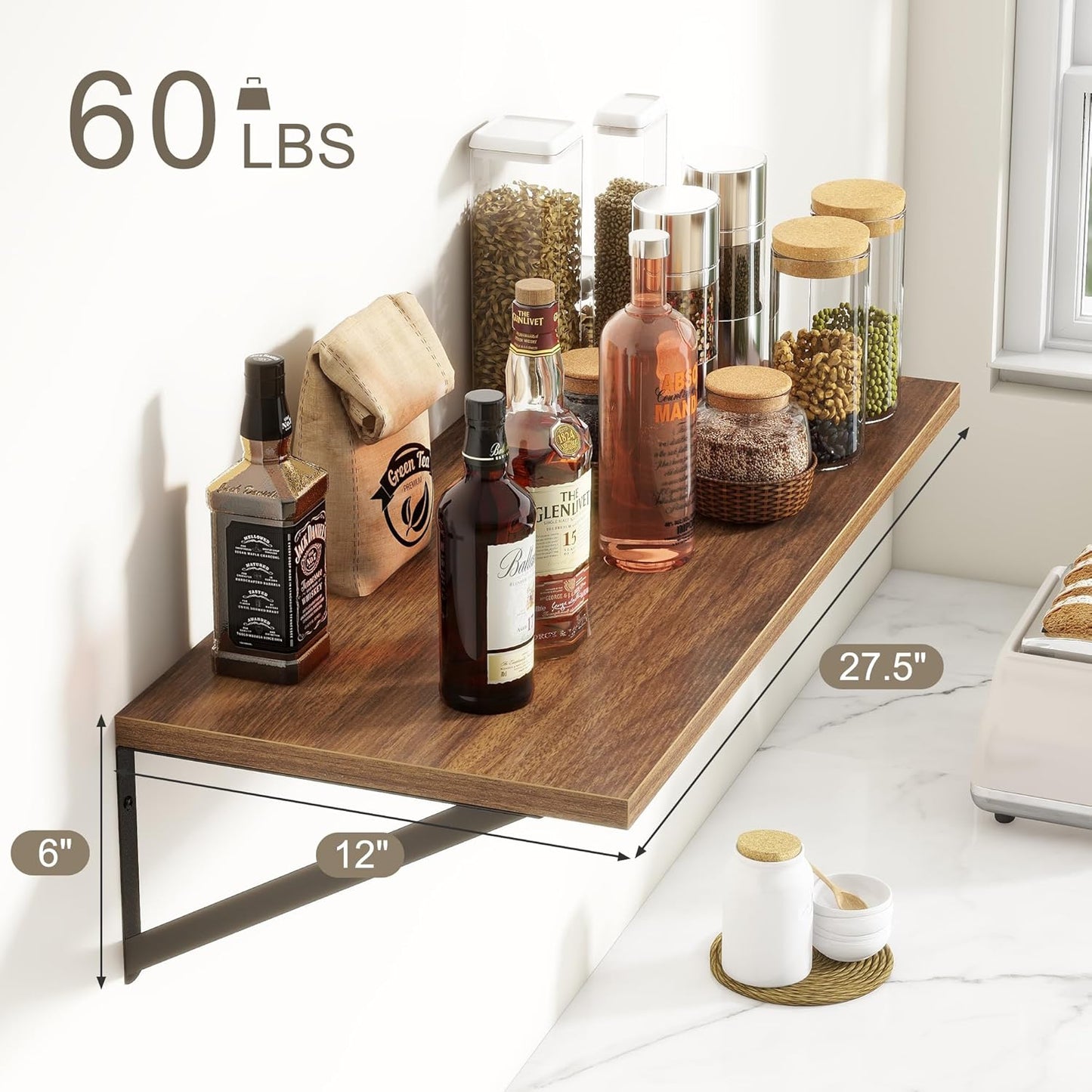 Fun Memories 27.5" W x12 D Floating Shelves, Large Wall Shelves 27.5 Inch Long, Set of 2, Farmhouse Wood Floating Shelf Wall Mounted, Deep Shelves for Bathroom, Living Room, Kitchen, Walnut Color