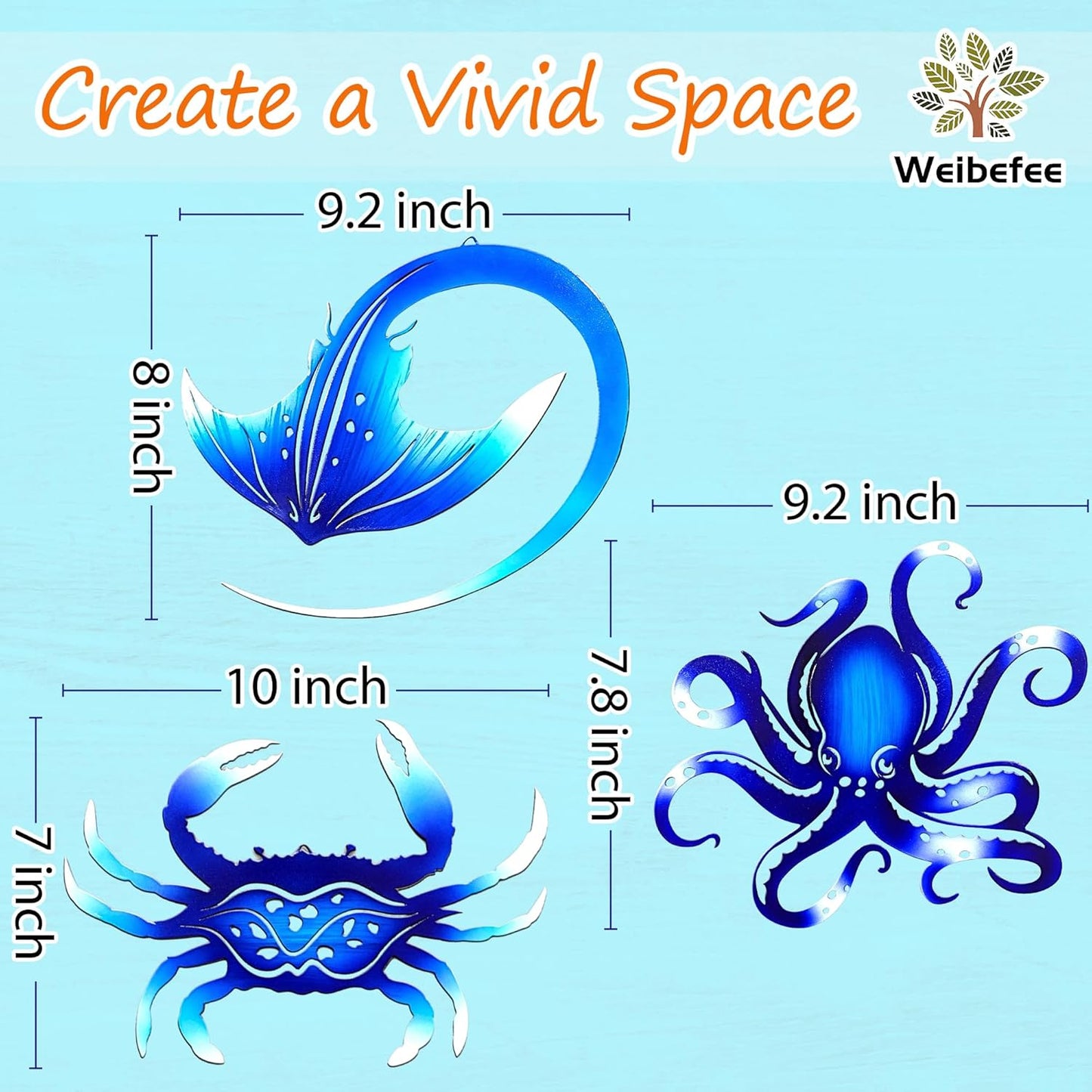 Weibefee Metal Wall Art Decor Octopus Crab Manta Ray Coastal Nautical Ocean Decor Concise 9'' Set of 3 Hanging Decorations for Bathroom Beach Indoor Outdoor Pool Home Bedroom Living Room Blue