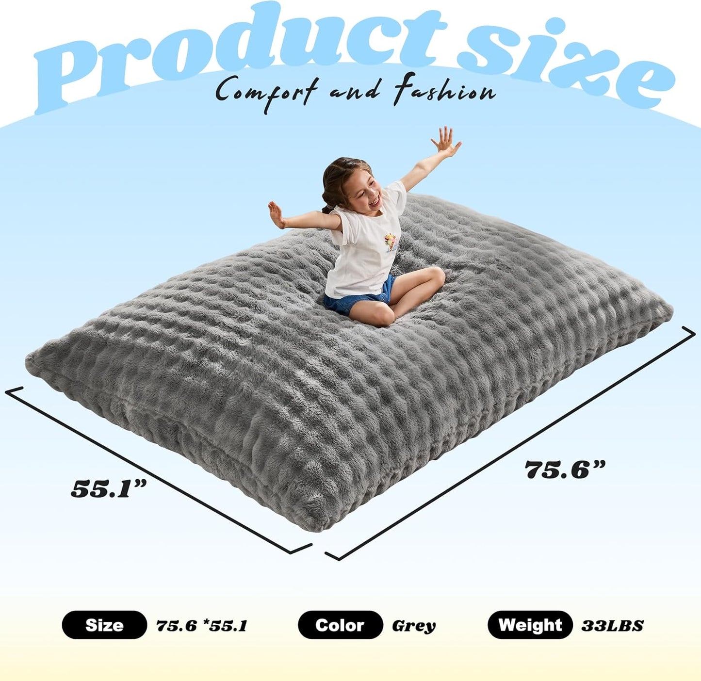 Hobestluk 3 in 1 Bean Bag Chair Giant Bean Bag Chairs for Adults with Bubble Cover Convertible Bean Bag Floor Cushion with Machine Washable Cover for Living Room (Bubble Grey)