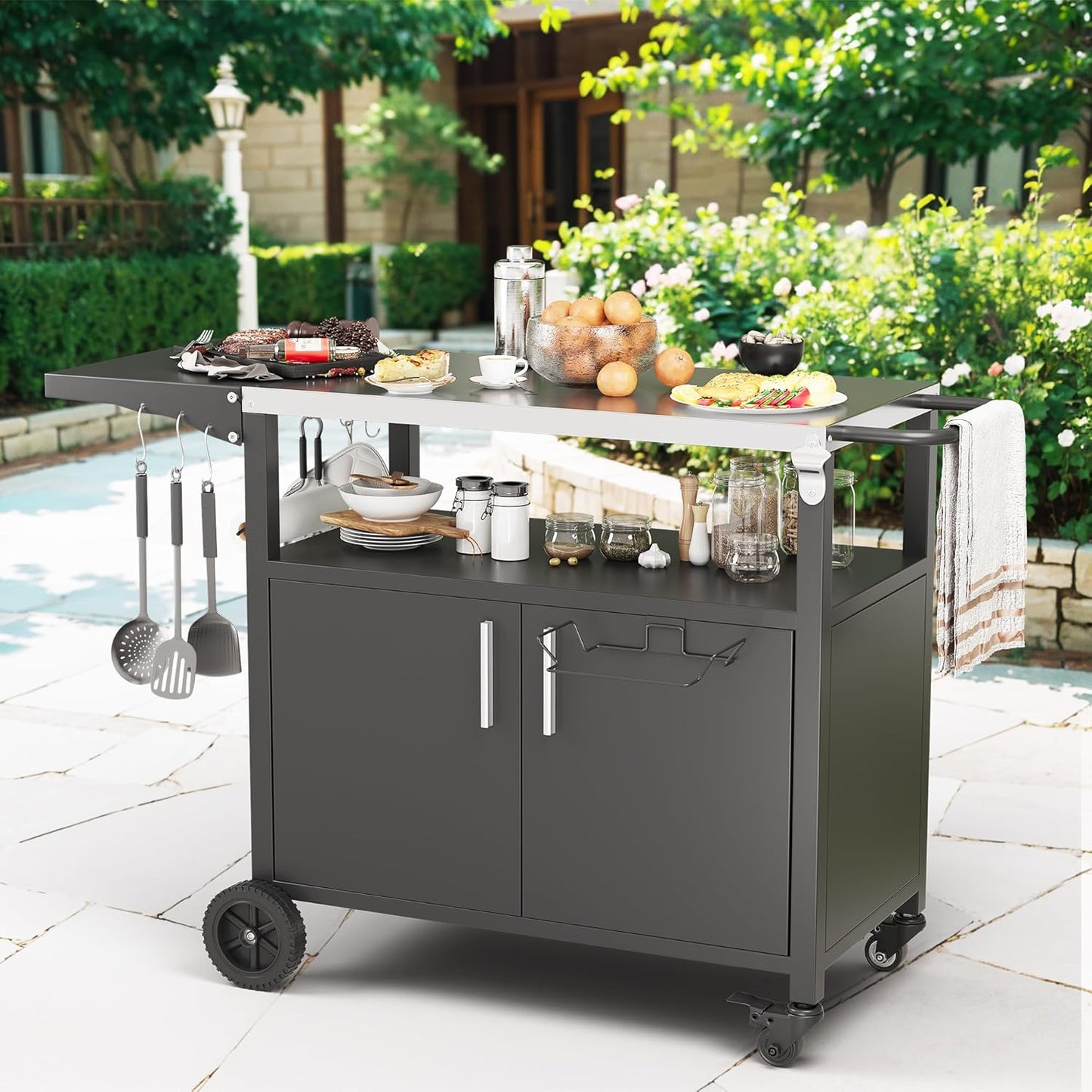 JY QAQA Outdoor Grill Cart with Storage,Patio Kitchen Island Outdoor Grill Table with Wheels,BBQ Cart Movable Pizza Oven Table Stand, Storage Cabinet, Foldable Tabletop, Black