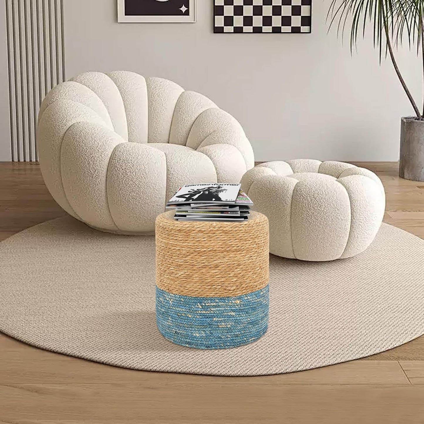 16'' Round Ottoman Natural Seagrass Braided Poof Hand Weaving Round Ottomans Boho Footrest Stool for Home Living Room Bedroom Patio(Natural&Blue)