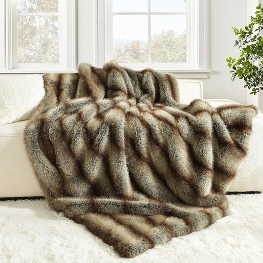 HORIMOTE HOME Luxury Plush Blanket, Soft & Cozy Fur Throw Blanket for Couch, Bed and Sofa, Fluffy Faux Fur Throw, with Shed-Free Design, 60x80 Inches Decorative Blankets, Brown Taupe Stripes