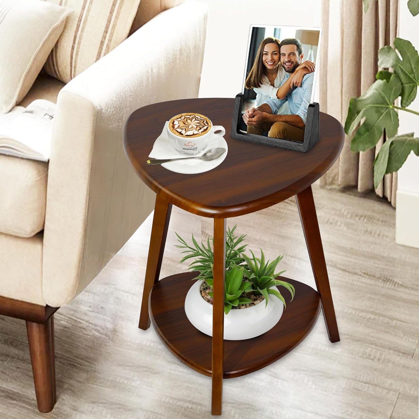 Wood Side Table, Small End Table with Storage Shelf, Accent Table for Living Room, Solid Wood Legs, Walnut