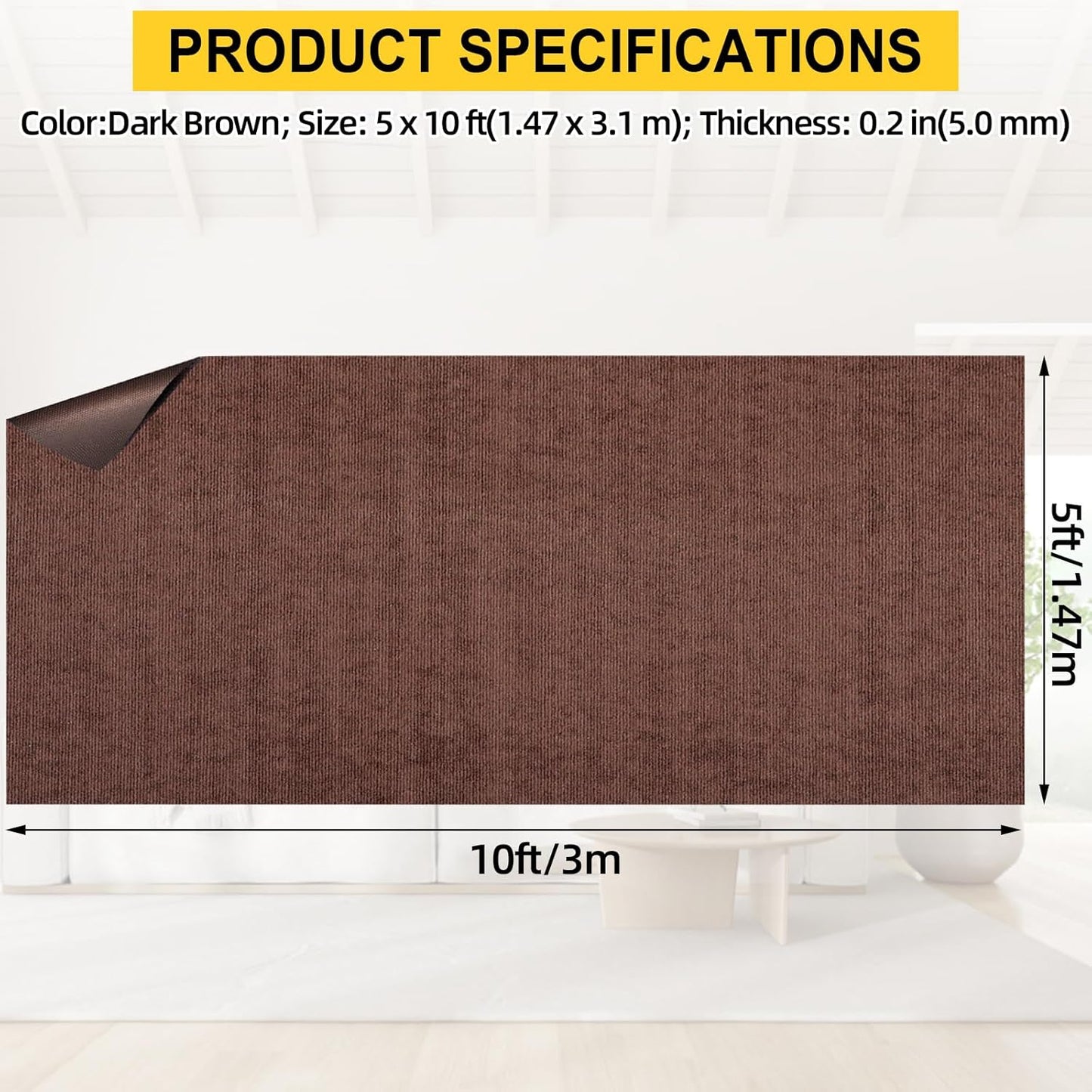 Marine Carpet,5 FT x 10 FT Brown Indoor Outdoor Carpet 0.2" Thick Boat Carpet with Water-Proof TPE Backing, Non-Slide Outdoor Marine Carpet Roll for Home, Patio, Porch, Deck