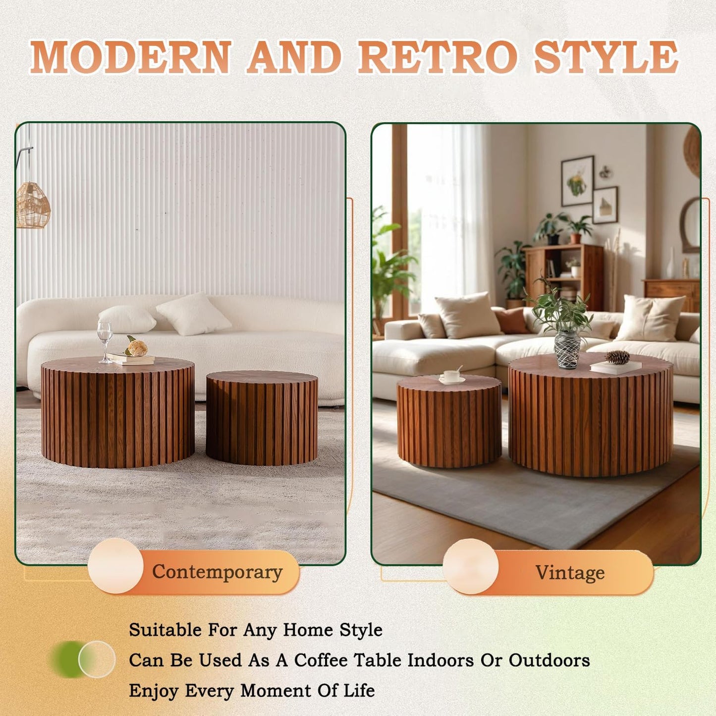 Round Nesting Coffee Table Modern Fluted Coffee Table Set of 2 Circle Drum Coffee Tables Small Round Accent Side End Table for Living Room No Assembly (Brown 27in)