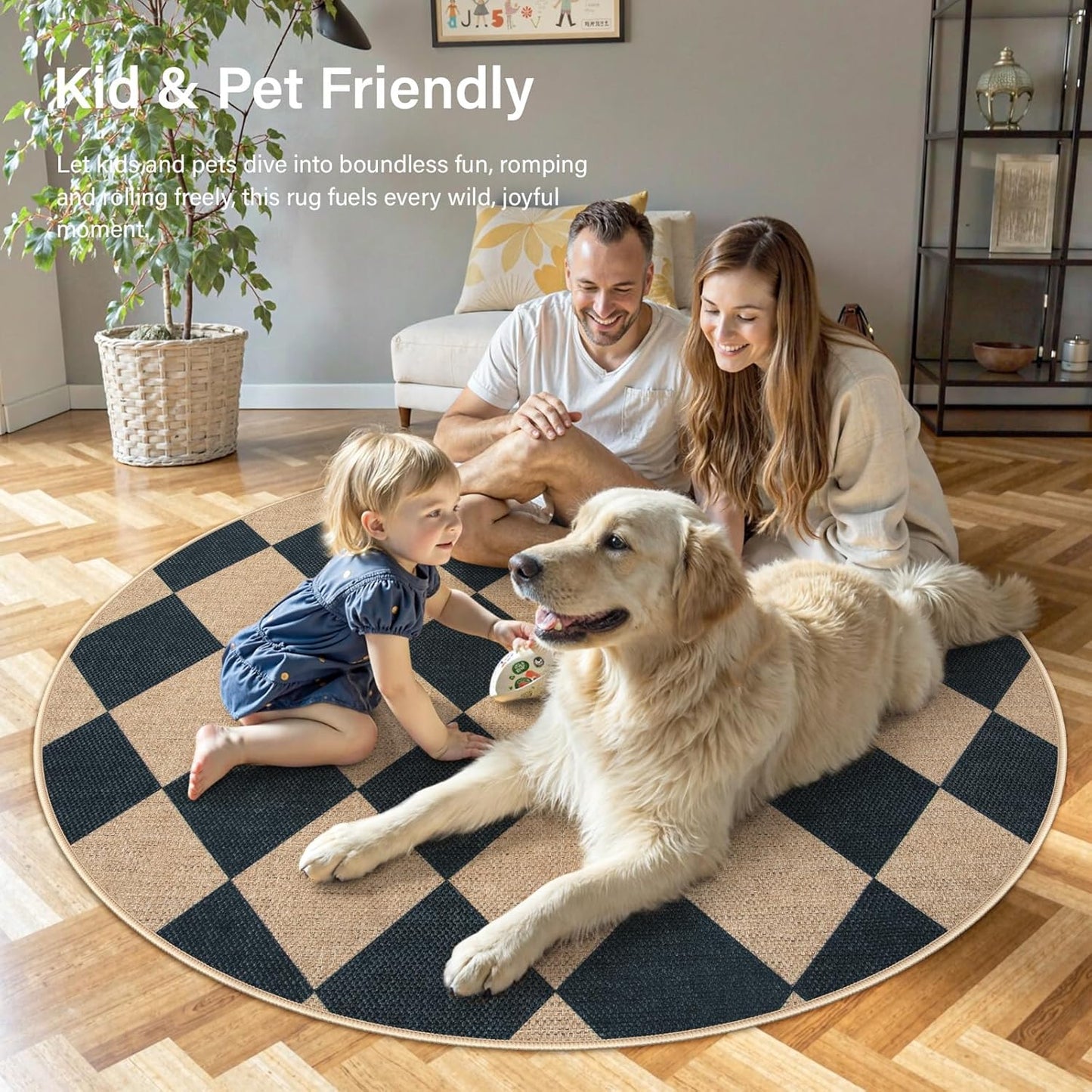 Lahome Checkered Round Entryway Rug 4ft, Circle Indoor Outdoor Patio Rug Washable Farmhouse Easy Jute Kitchen Rugs, Contemporary Non Slip Round Carpet for Bedroom Front Porch