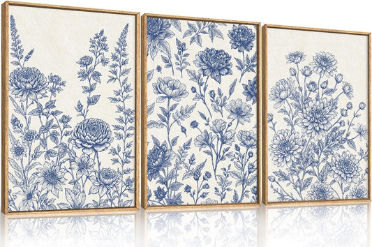 Classic Chinoiserie Floral Framed Canvas Wall Art Set, Blue and White Flower Wall Decor, Navy Watercolor Wall Painting, Minimalist Wildflower Art Print for Living Room, Bedroom - 24"x36"×3