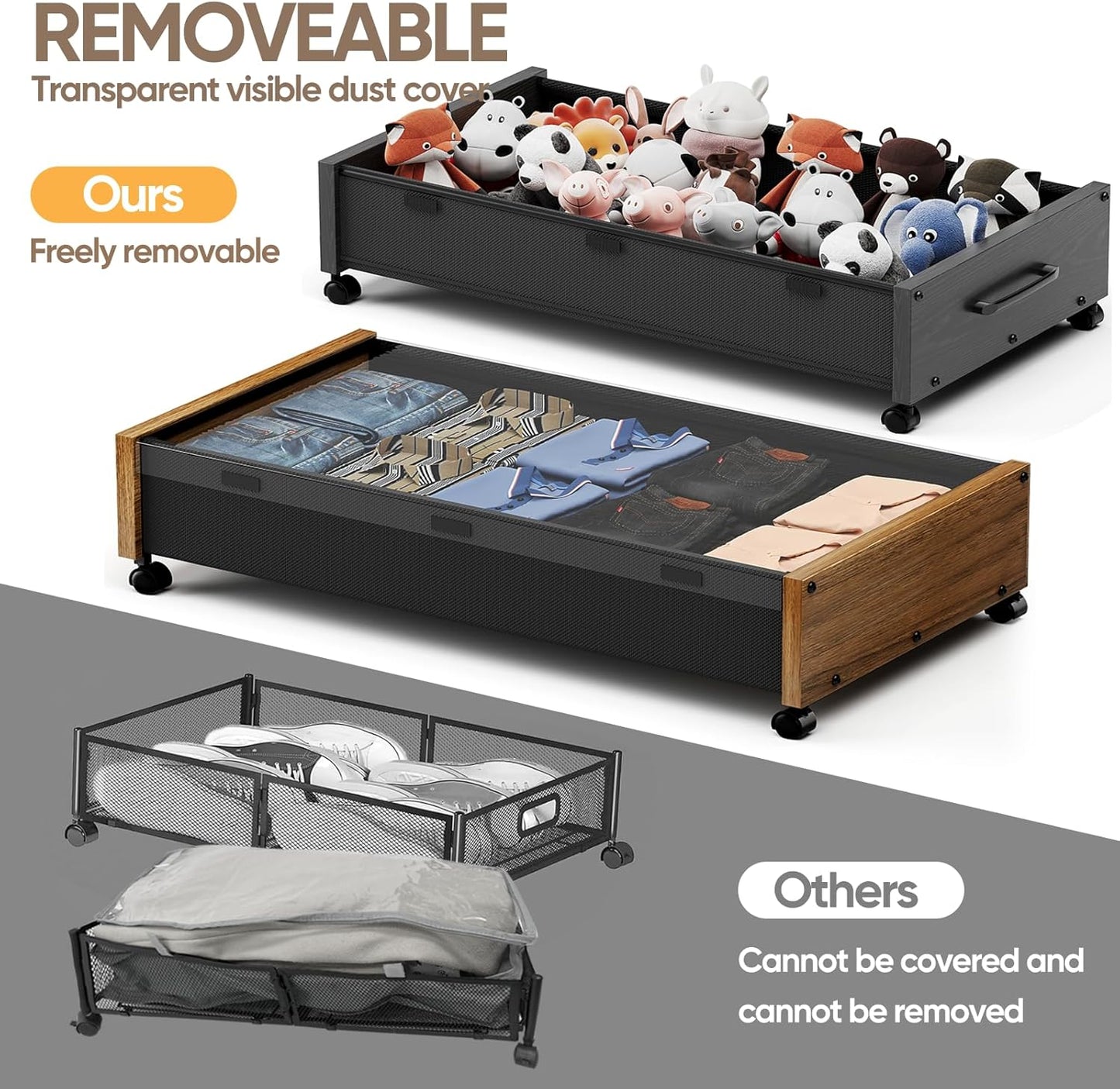 Wooden Under Bed Storage with Wheels, 80L Extra-large Rolling Under the Bed Storage Bins 2 Pack with Removable Lid, Upgrade Metal Under Bed Drawers for Clothes Shoes Blankets in Bedroom