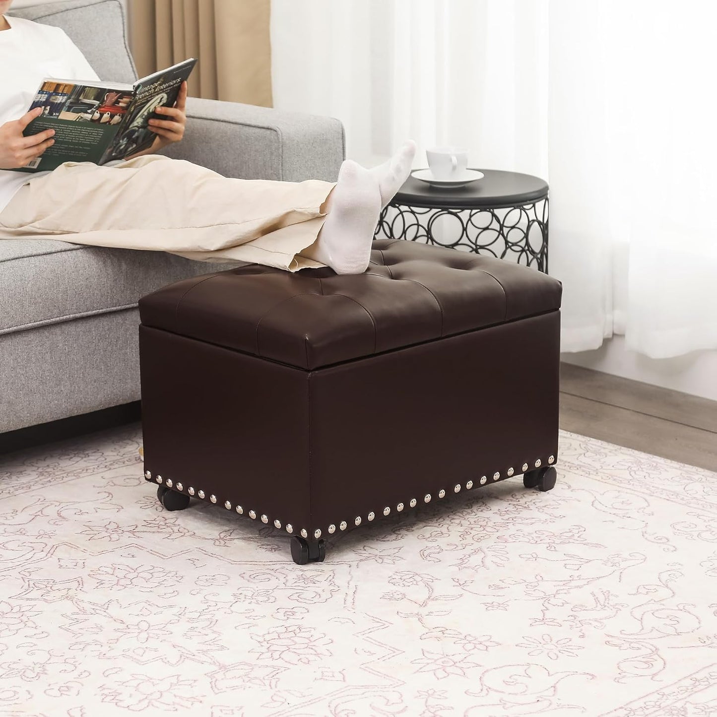 Joveco Leather Storage Ottoman with 360° Wheels 24" Rolling Foot Rest Bench Rectangle Ottomans Stool for Living Room Bedroom (Brown, Wheels)