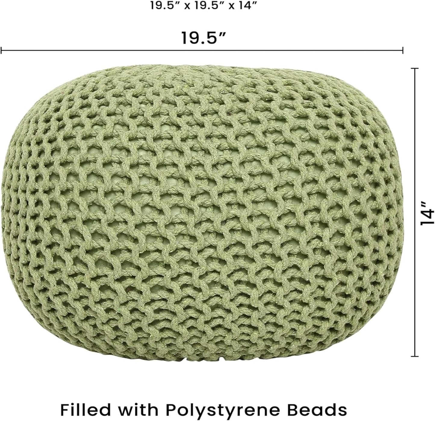 REDEARTH Round Pouf Foot Stool Ottoman - Cotton Knitted Cord Boho Pouffe - Cable Poof Filled Footrest Stuffed for Living Room - Nursery - Bedroom - Patio - Lounge (19.5"x19.5"x14") - Kiwi