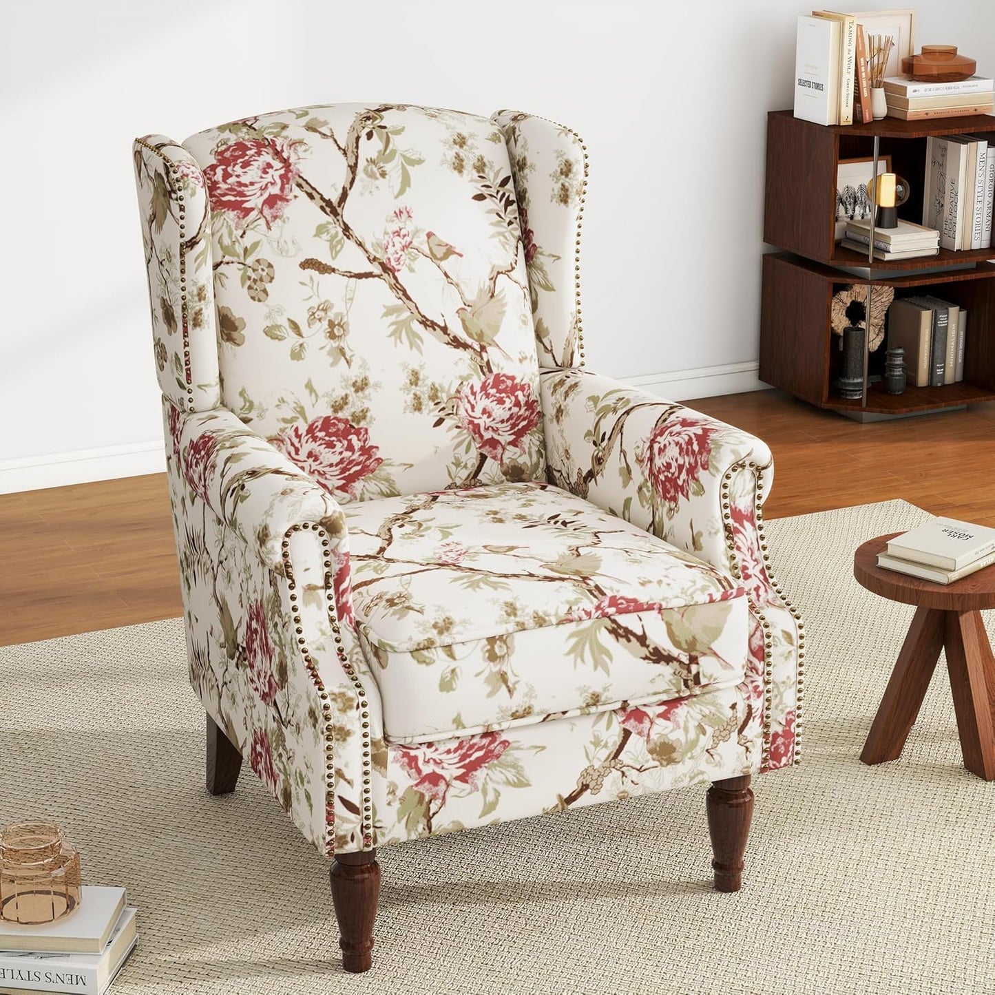 UIXE High Back Accent Chair, Wingback Upholstered Armchair in Fabric for Living Room, Retro Arm Chairs Nailhead Trim Single Sofa Bedroom Reading Seat with Solid Wood Legs - Beige Floral