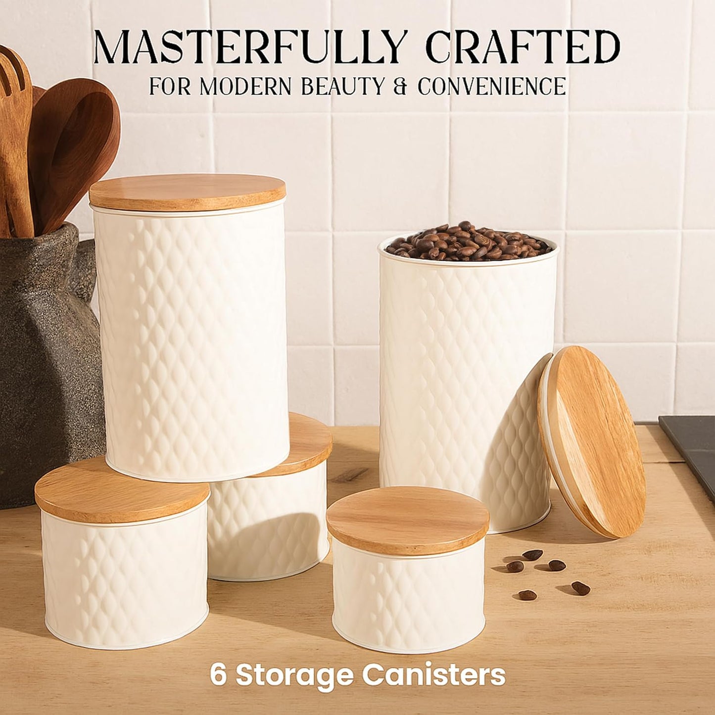 6 Canister Set for the Kitchen Countertop – Metal Food Storage Canisters with Airtight Lids for Flour, Tea, Crafts, Coffee, & Sugar – Container Set with Modern Wood Lids, White