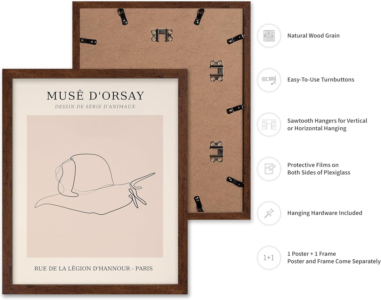 Poster Master Vintage Poster - Retro One Line Snail Drawing Print - Snail Line Art - Minimal Gift for Men, Women, Animal Lover - Abstract Wall Decor for Home, Office, 11x14 Brown Framed