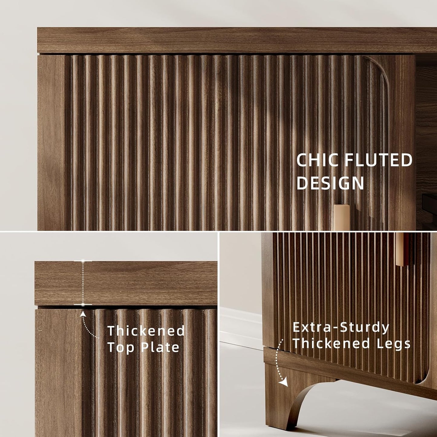 Mid Century Modern TV Stand for 55/65 Inches Television Console with Fluted Doors and Storage Entertainment Center for Living Room and Bedroom Dark Brown