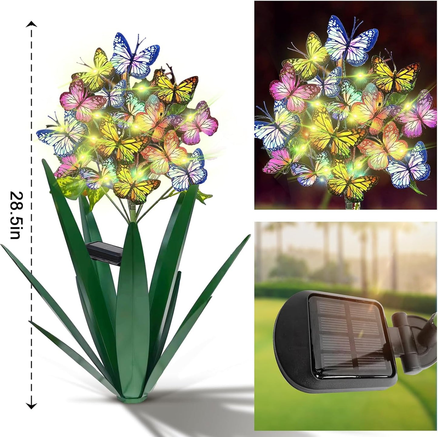 Homight Solar Metal Agave Butterfly Flower Stick Garden Sculpture - Outdoor Christmas Lights With Swaying Butterfly Sunflower - Solar Outdoor Gift (3 PCS Green)