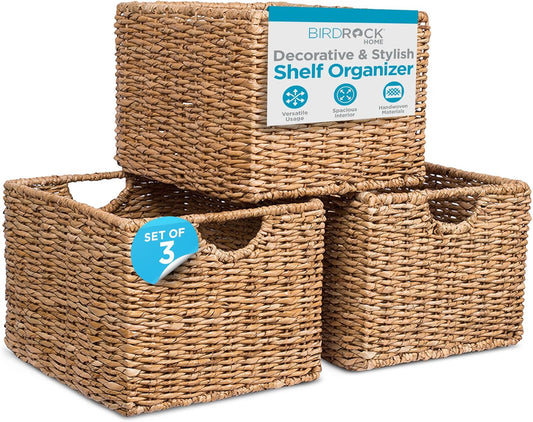 BIRDROCK HOME Storage Shelf Organizer Baskets with Handles - Handwoven Abaca Seagrass Wicker Basket for Pantry, Living Room, Office & Bathroom, Versatile Under Shelf Storage - Set of 3, Natural