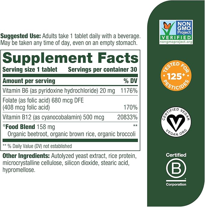 MegaFood Vegan Vitamin B12 B6, B12 B12 Vitamins 30 Tablets