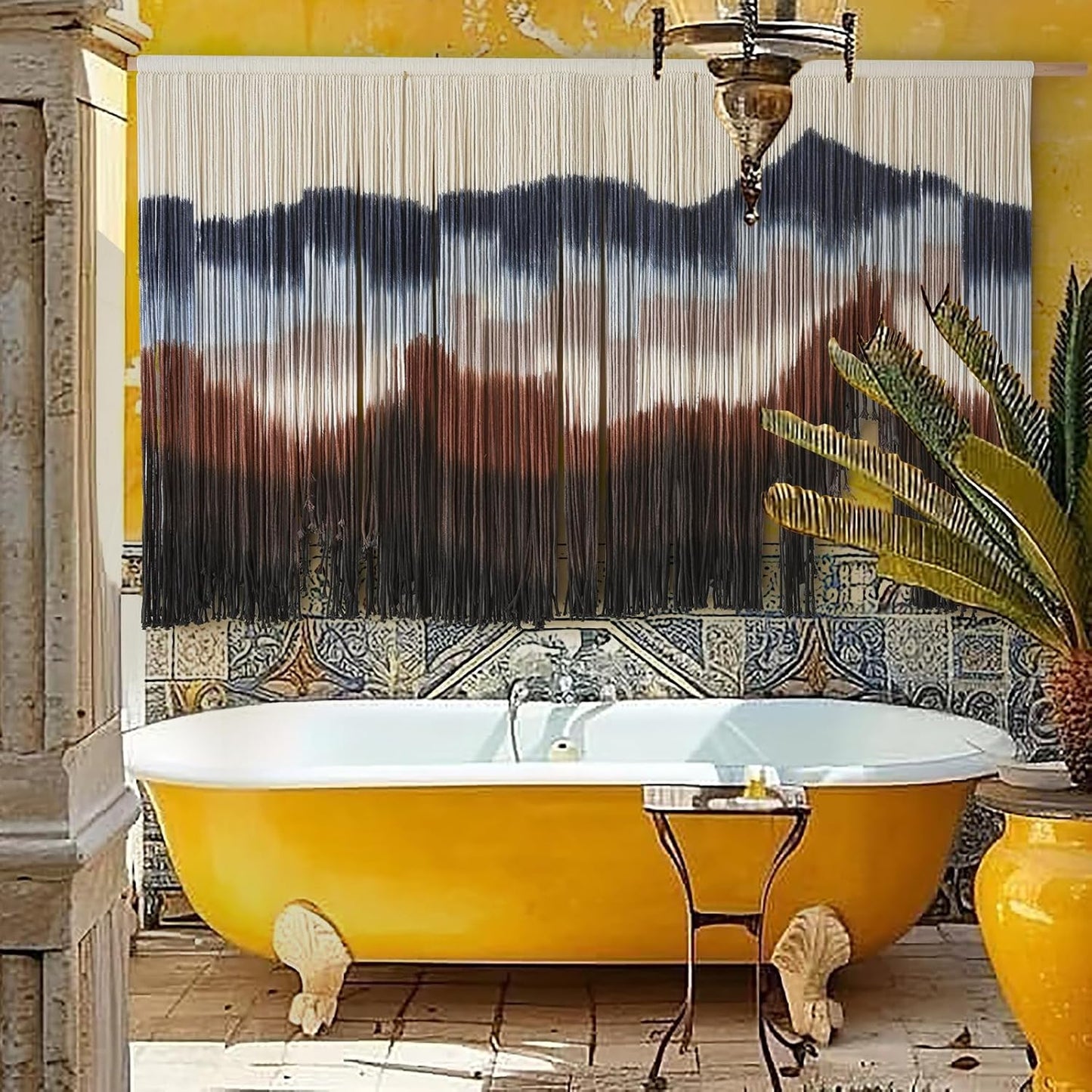 Flber Large Macrame Wall Hanging 57" W x 31" L Handmade Dip Dye Tapestry Bohemian Fiber Art Wall Hanging Mountain Inspired Wall Tapestry Neutral Rustic Wall Decor for Bedroom Living Room