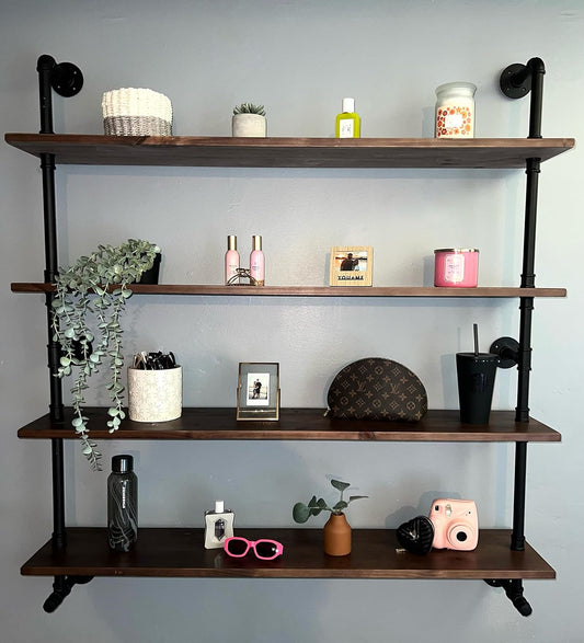 Industrial Pipe Wall Shelves With Real Wood Plank, 48 Inches Floating Shelves for Wall, 4 Tier Farmhouse Book Shelves, Dark Brown for Kitchen, Living Room Decor and Bar