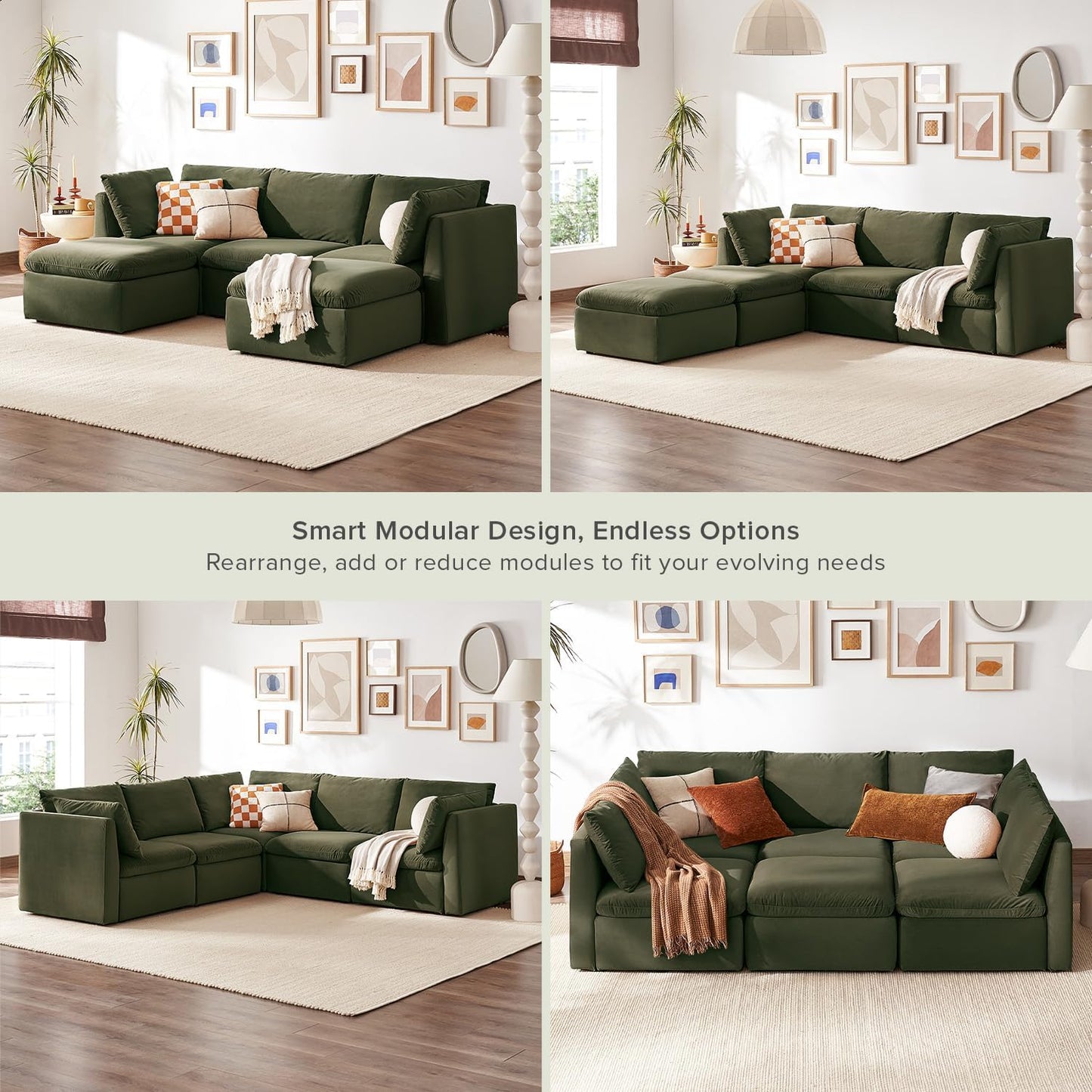 mopio Oversized Modular Sectional Sofa with Fully Removable Covers and Storage, Convertible U, L-Shaped and Sleeper Sectional, Modern Couches with Ottoman Chaise (Olive Green Velvet, 5 Seats, U)