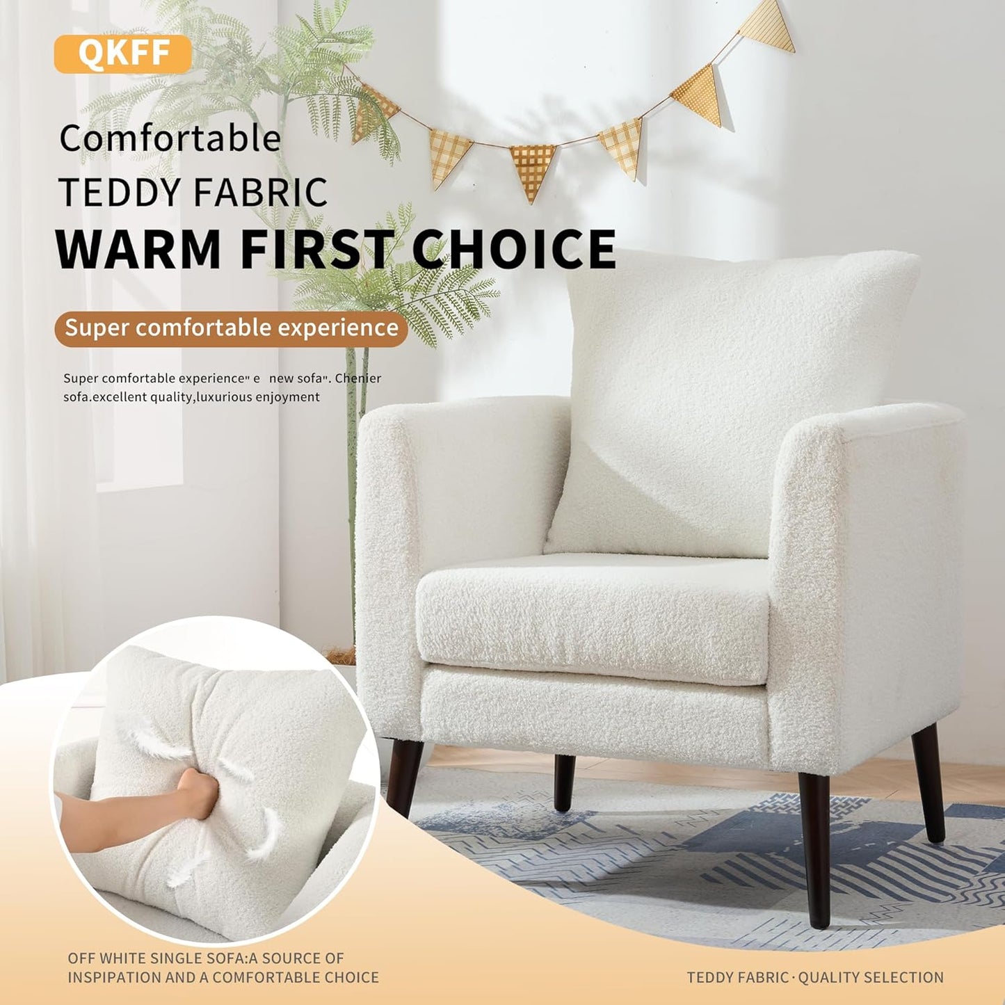 Barrel Accent Chair Set of 2 with Back Pillow, Large Teddy Upholstered Armchair with Solid Wood Legs Modern Reading Chairs for Living Room Bedroom