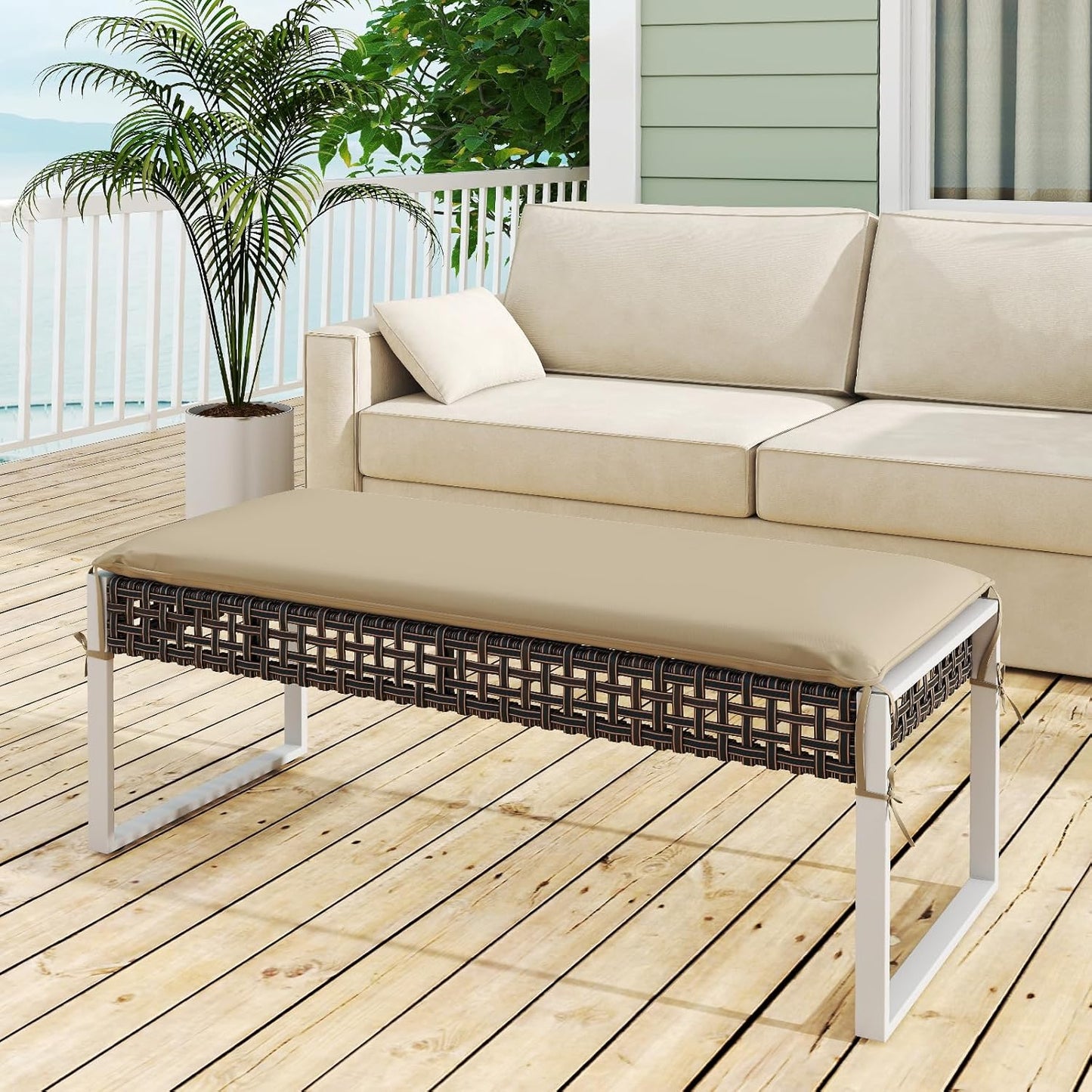 Tangkulka Outdoor Ottoman, Patio Rattan Heavy Duty Wicker Footrest with Soft Cushion & Metal Frame, Extra Seating, for Porch, Backyard, Lawn and Poolside (1)