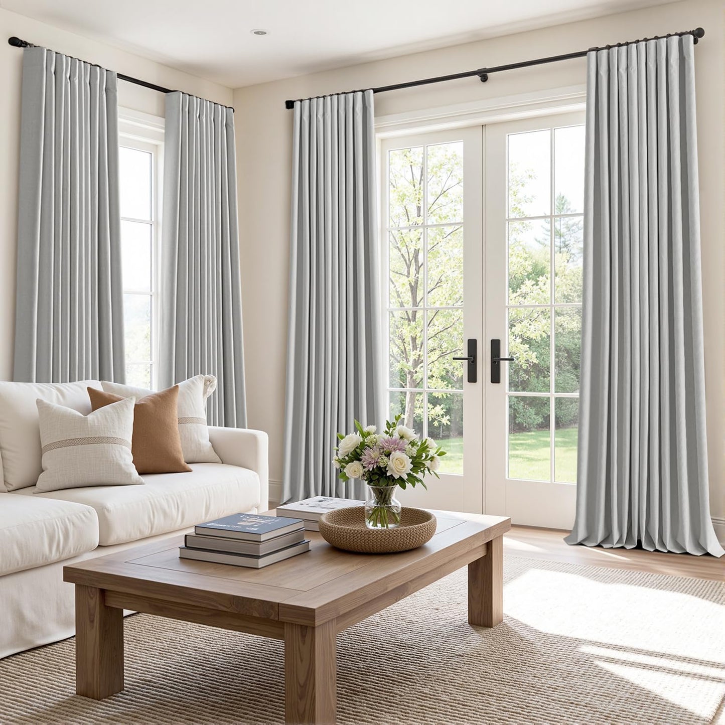 MIULEE 100% Blackout Curtains 108 Inch Long 2 Panels Set for Bedroom, Thick Luxury Faux Linen Black Out Curtain Room Darkening Back Tab Pleat Window Textured Drapes with Hooks for Living Room, Grey