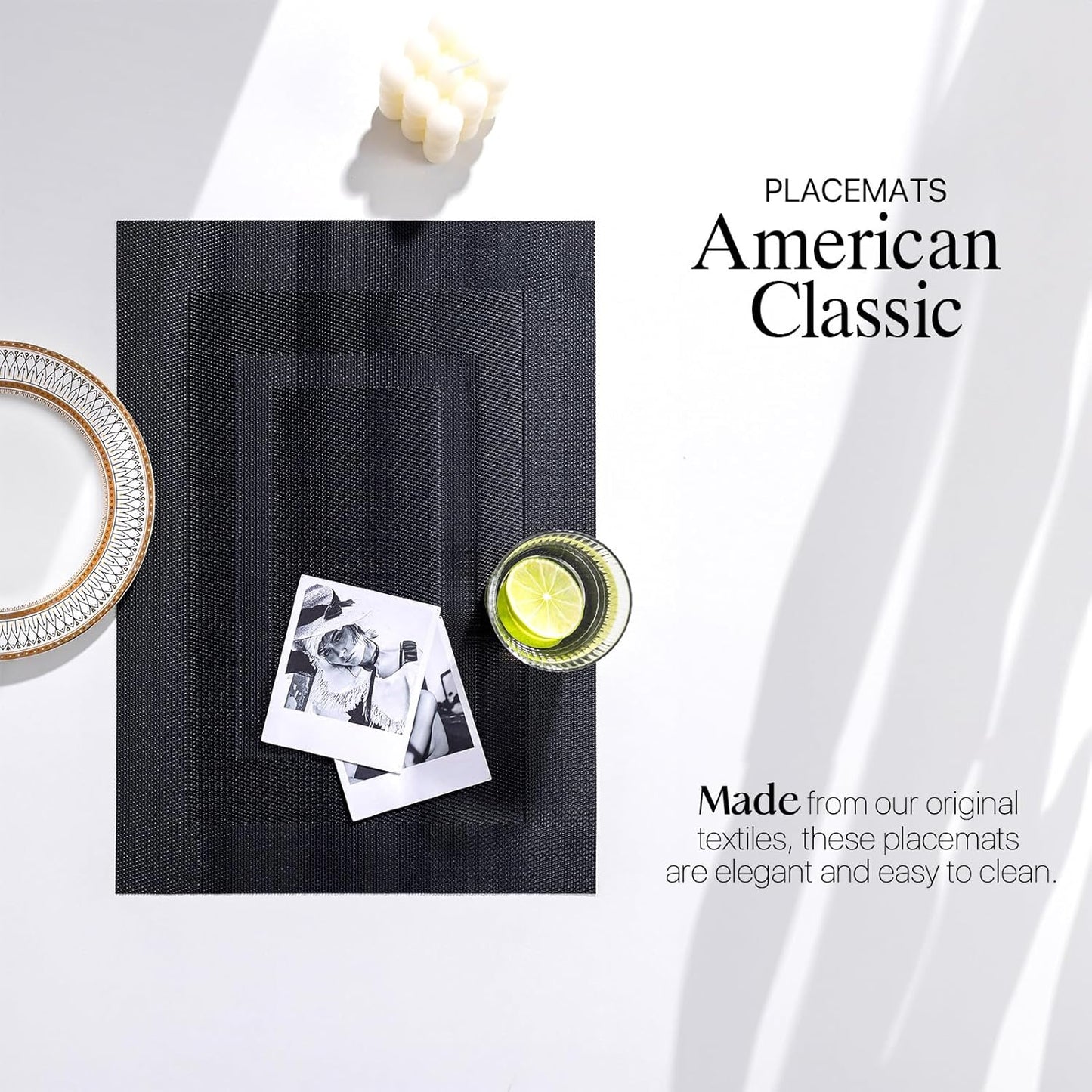 LEXMORE Placemats Set of 12 Vinyl/Plastic Woven Place Mats for Kitchen Table Indoor/Outdoor Washable Placemat Wipeable Dining Table Mats(G-Black Cube)