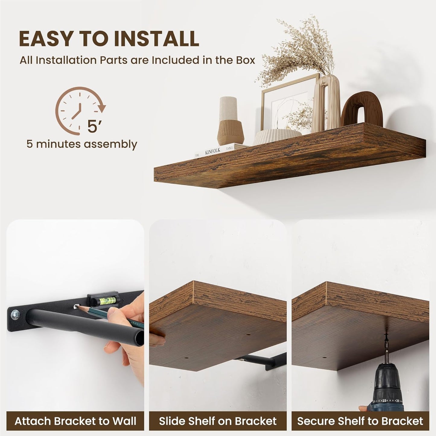 Fun Memories 55 Inch Fireplace Mentel Shelf, 10 Inch Deep Shelves for Display&Wall Storage, Rustic Wood Wall Shelf -Extra Long Floating Shelves for Living Room Laundry Room, Rustic Brown, Set of 1