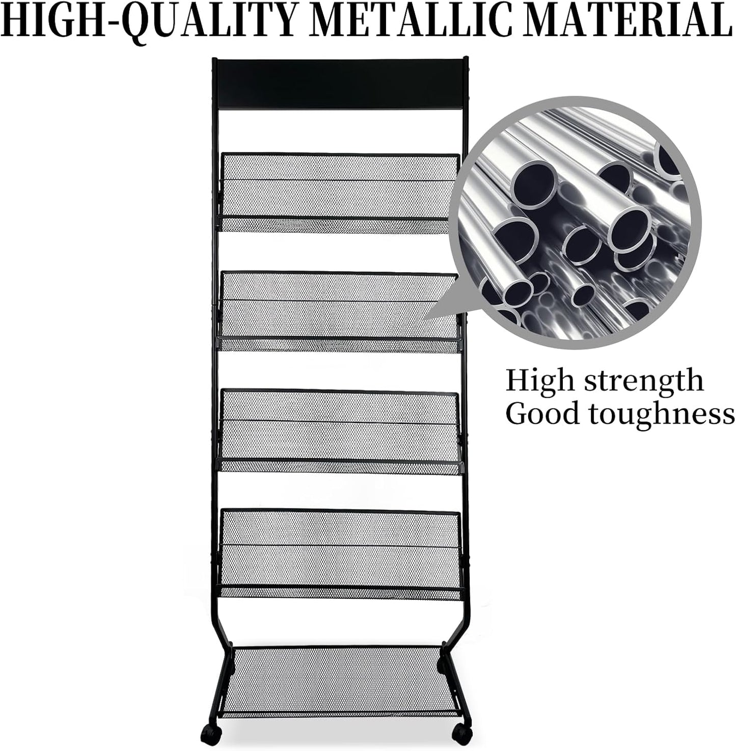 Tongmo Floor-Standing Magazine Rack 4-Layer with Wheels, Brochure Display Stand, High-hardness metal for Office,Exhibitions, and Any Organization Requiring Information Display (black)