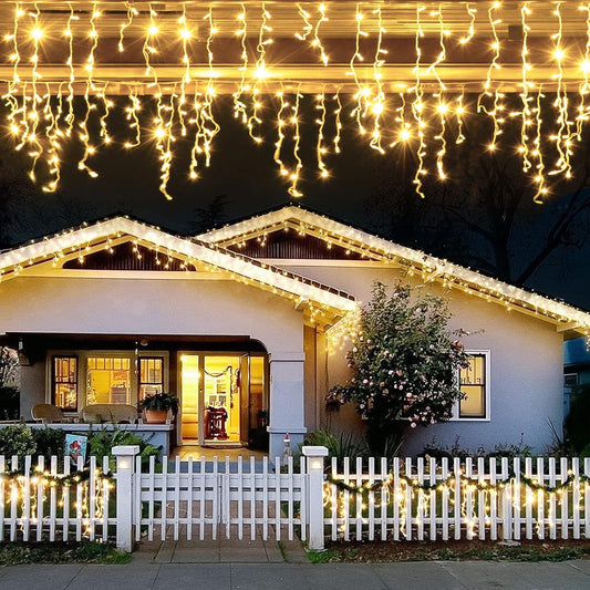JMEXSUSS 200 LED Icicle Lights, 8 Modes Icicle Lights Indoor, Warm White Icicle Christmas String Lights Outdoor Waterproof for Xmas Roof Wedding Party Holiday Room Home Decorations