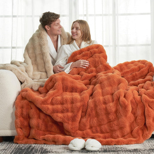 Cozy Bliss Faux Fur Throw Blanket for Couch, Fuzzy Soft Plush Thick Bubble Blanket for Sofa Bedroom Living Room, 60 * 80 Inches Burnt Orange