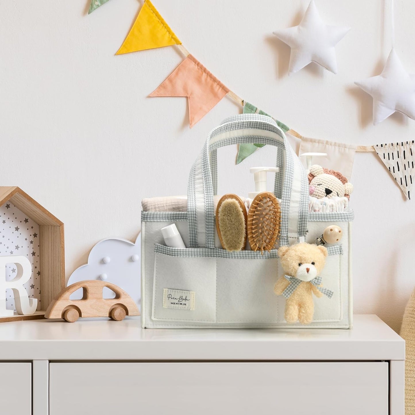 PeraBella Diaper Caddy Organizer with Handle, Baby Shower Gifts Basket Bag, Registry Search Must Haves Items, Nursery Storage Organizer for Newborn Girl Boy, Baby Bag Essentials, Car Diaper Caddy Cart