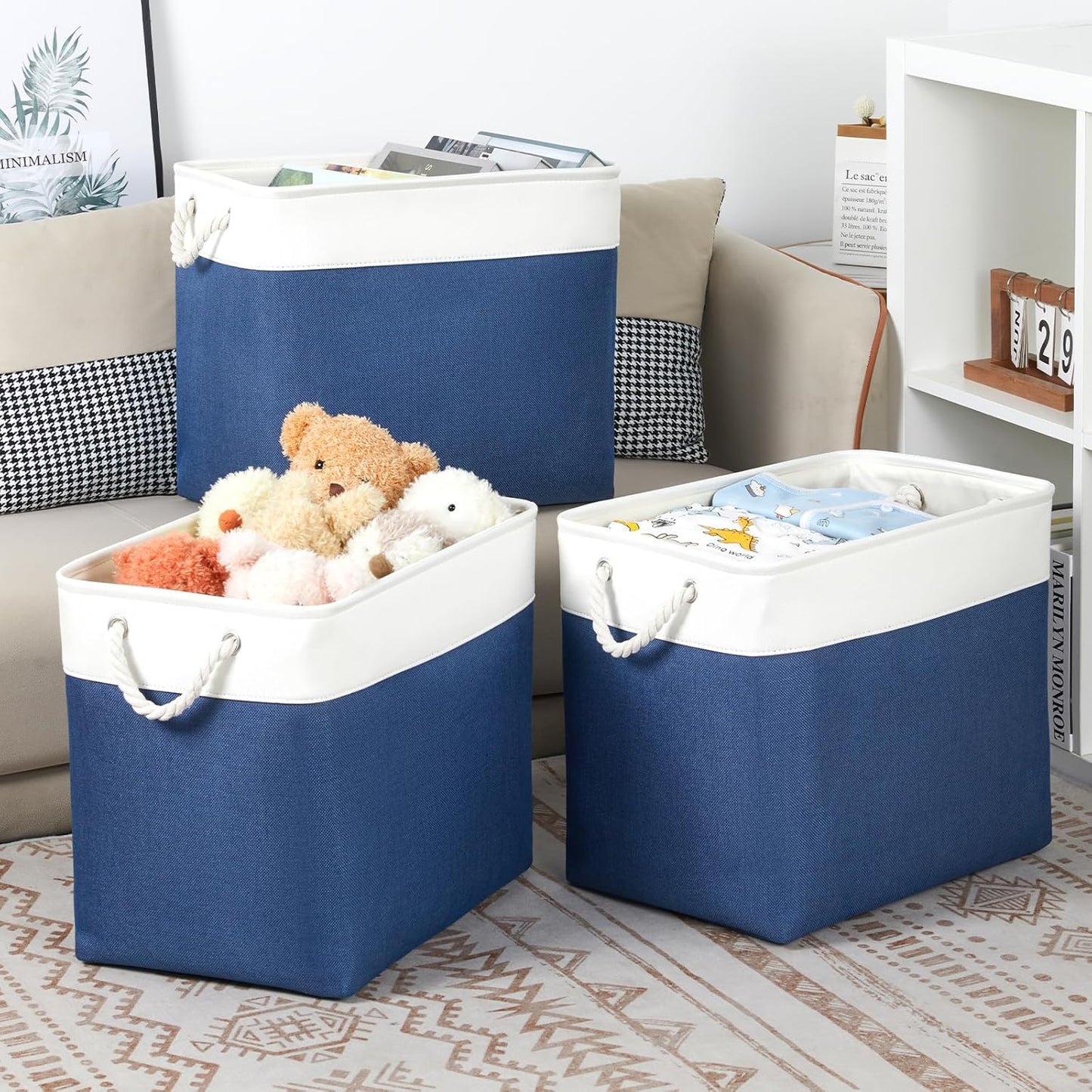 Bidtakay Extra Large Storage Baskets for Shelves 3 Pack Fabric Storage Bins for Organizing Linen Collapsible Organizer for Closet-White&Blue