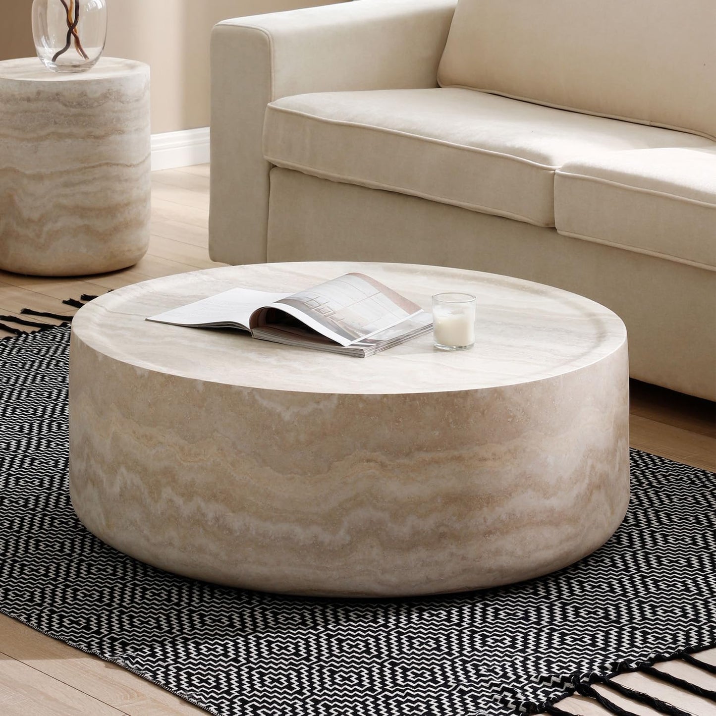 Faux Marble Coffee Table, Modern Round Coffee Table for Living Room, Circle Drum Coffee Side Tables, Fiberglass Center End Table for Small Place Apartment Office (35.43" Marble)