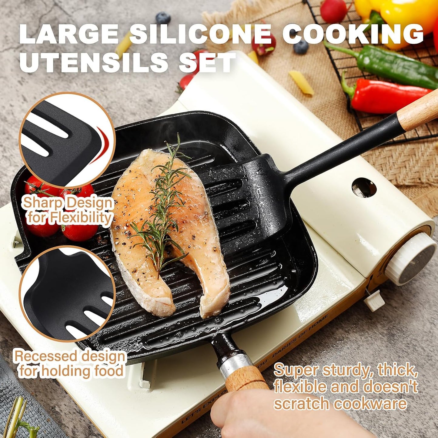 QMVESS Silicone Cooking Utensils Set, Kitchen Utensils Set 7 Pcs with Long Wooden Handle, Food Grade and Heat Resistant Large Silicone Spatula Set for Nonstick Cookware, BPA Free（Black）