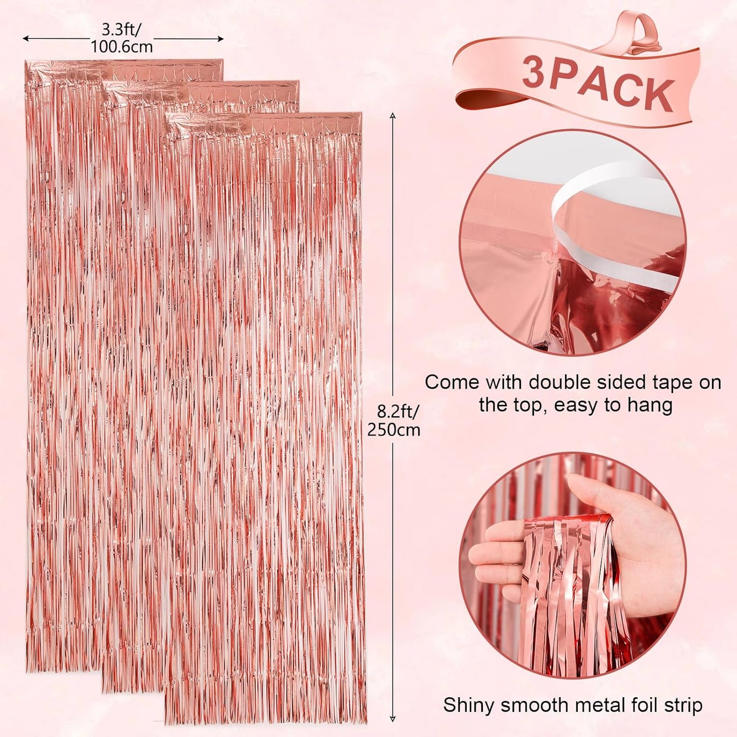 3 Pack 3.3x8.2 Feet Rose Gold Foil Fringe Backdrop Curtains, Tinsel Streamers Birthday Party Decorations, Fringe Backdrop for Graduation, Baby Shower, Gender Reveal, Disco Party