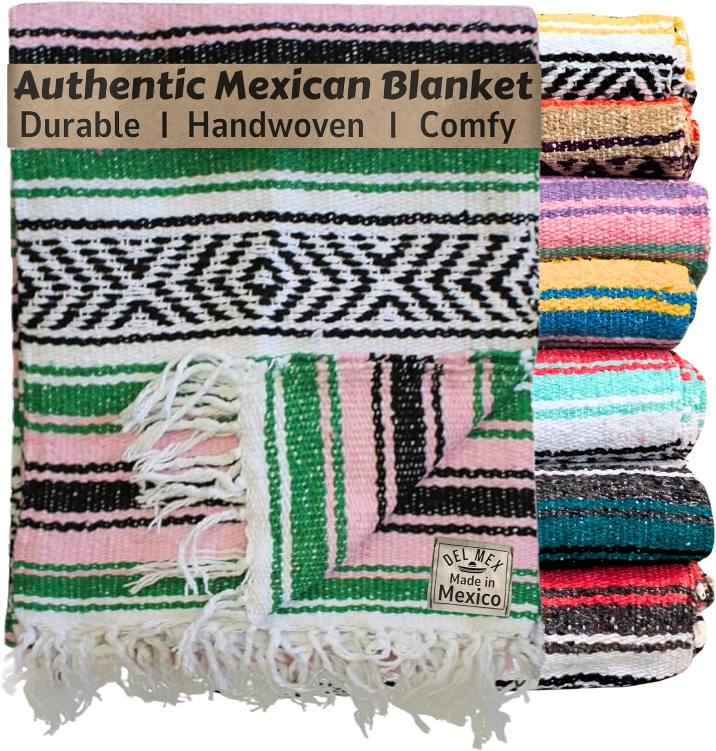 Del Mex Classic Mexican Blanket, Large Authentic Woven Falsa Throw (70"x50"), Artisan Southwest Décor for Beach, Yoga, Outdoors (Green/Pink)