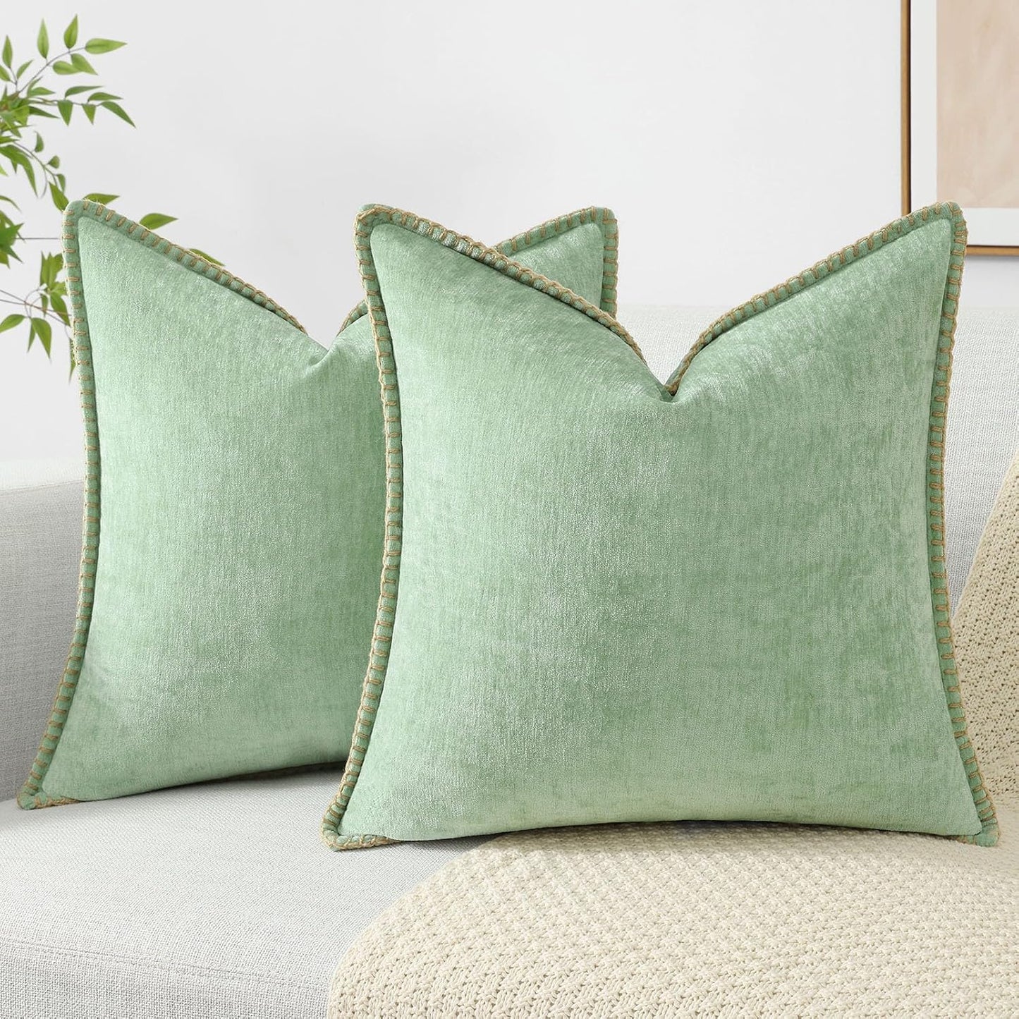 decorUhome Chenille Soft Throw Pillow Covers 20x20 Set of 2, Farmhouse Velvet Neutral Decorative Euro Pillow Covers with Stitched Edge for Couch Sofa Bed Home Decor, Sage Green