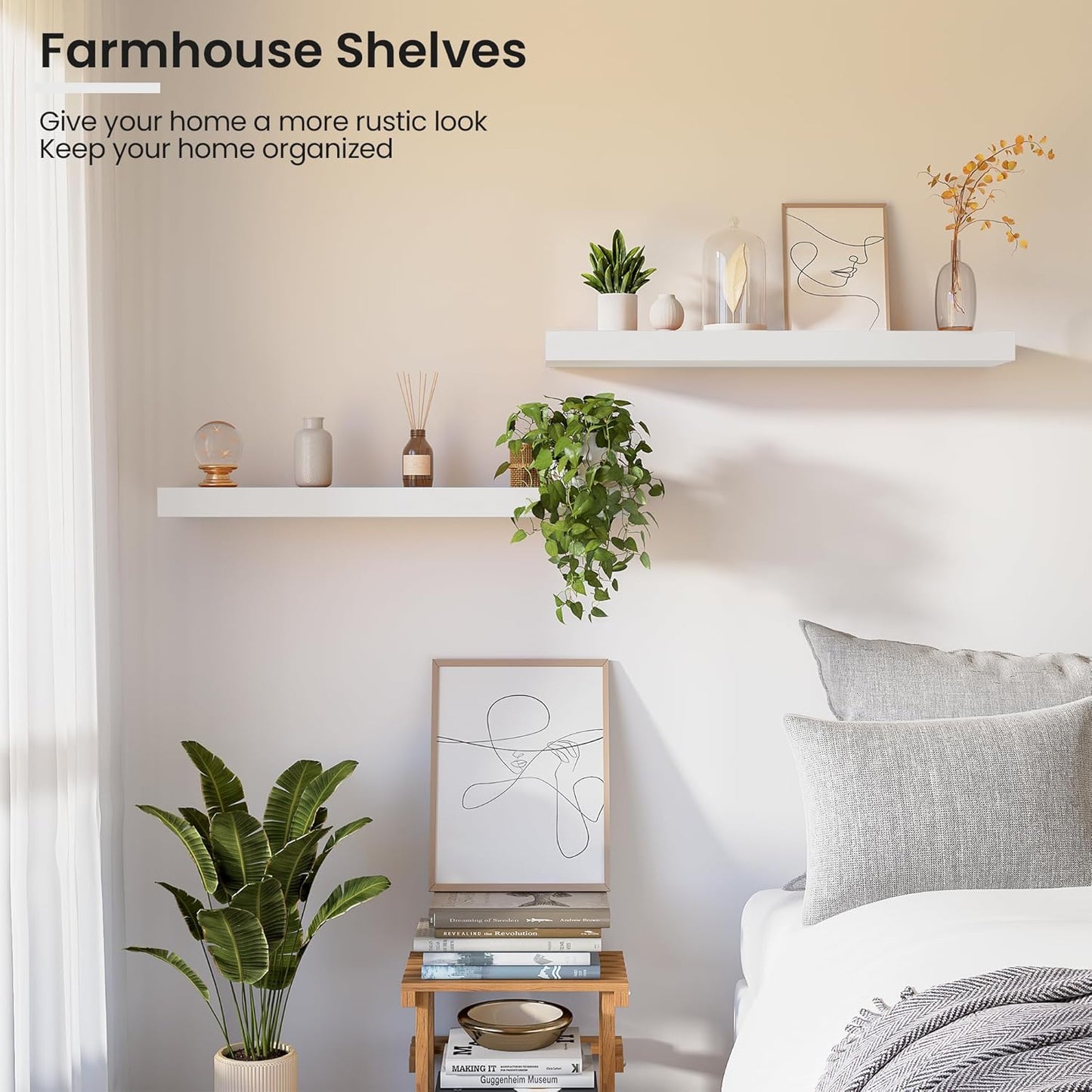 Floating Wood Shelves for Wall 24 Inches x 8”x 1.4” Shelf Floating Home Decor, Heavy Duty Shelf Hold 60 lbs, Wall Shelves for Bathroom Living Room Kitchen Bedroom Office - Set of 2 White