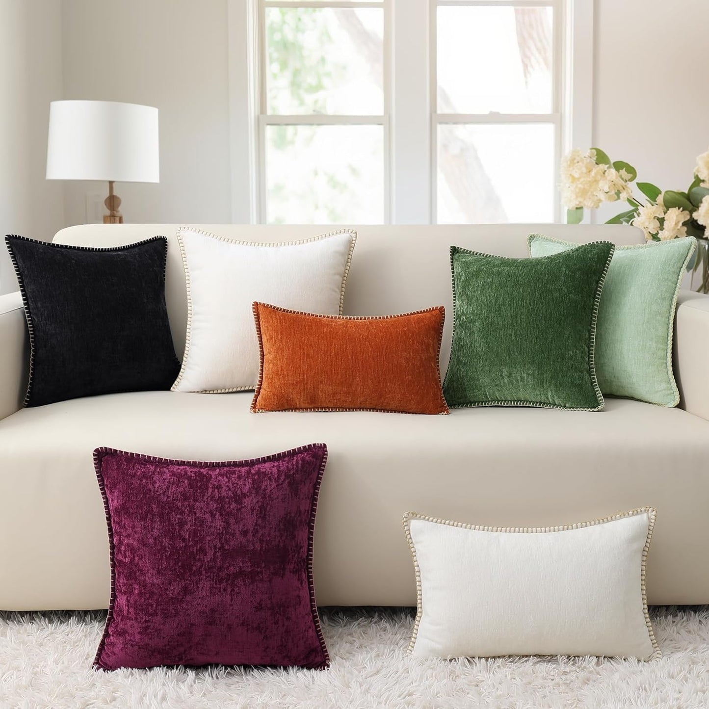 decorUhome Chenille Soft Throw Pillow Covers 22x22 Set of 2, Farmhouse Velvet Neutral Decorative Euro Pillow Covers with Stitched Edge for Couch Sofa Bed Home Decor, Black