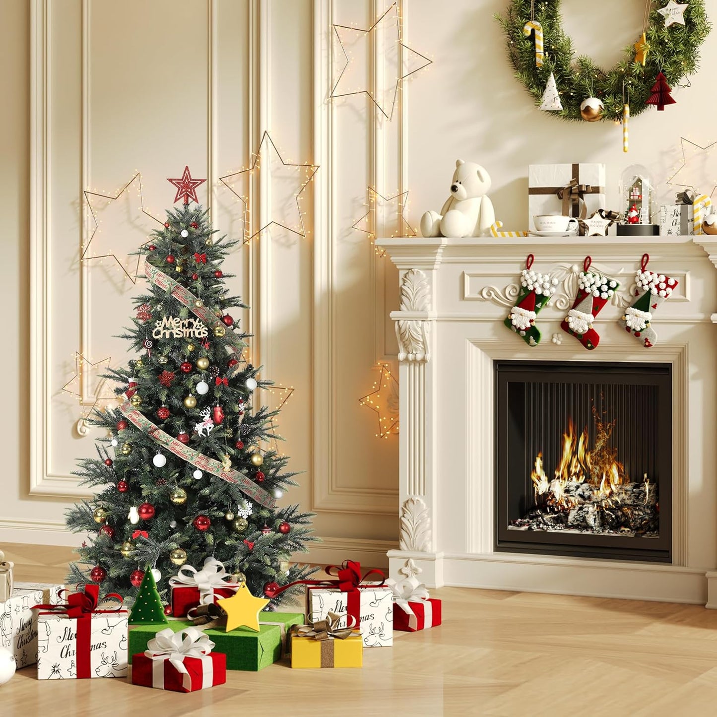 4.5ft Pre-lit Artificial Christmas Tree,Spruce Prelit Christmas Trees for Home,Office,Party Thickened PE&PVC Branch Tips & UL Listed Lights Incandescent Warm White,Fire-Resistant Automatic Branches