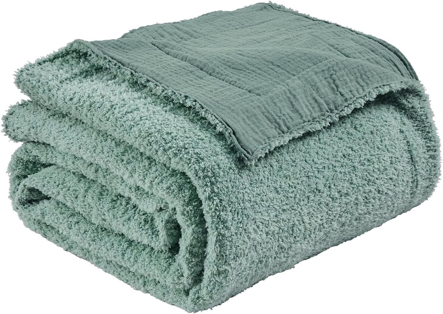 EMME Muslin and Fleece Throw Blanket Reversible - 50"*60" Teal Soft Warm Throw Blankets for Couch Bed Picnic Travel Bed