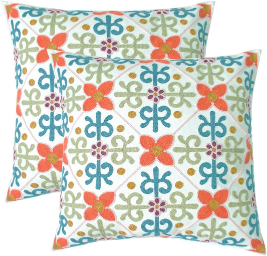 Embroidered Decorative Throw Pillow Cover, 18"x18" Set of 2, Farmhouse Pillowcase Colorful Flower Knit Pattern Cotton Canvas Cushion Case Square Floral Pillow Case for Sofa Couch Bed Living Room